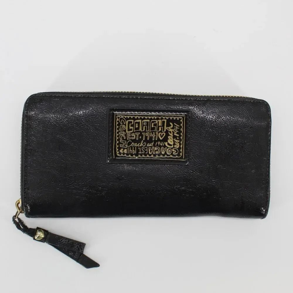 Coach Vintage Black Zip-Around Poppy Wallet Logo Zipper Credit Card Women